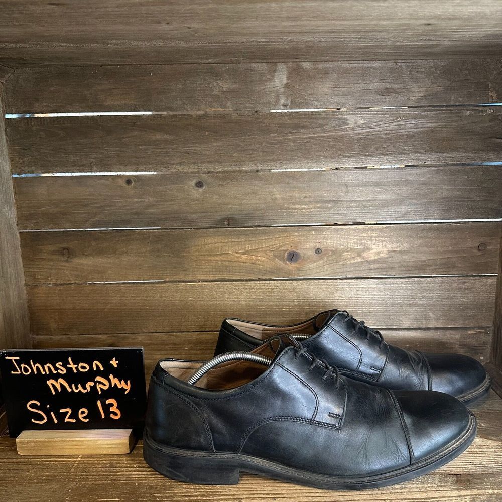Mens Johnston & Murphy Black‎ Leather Cap Toe Dress Oxfords Shoes Size 13 M GUC